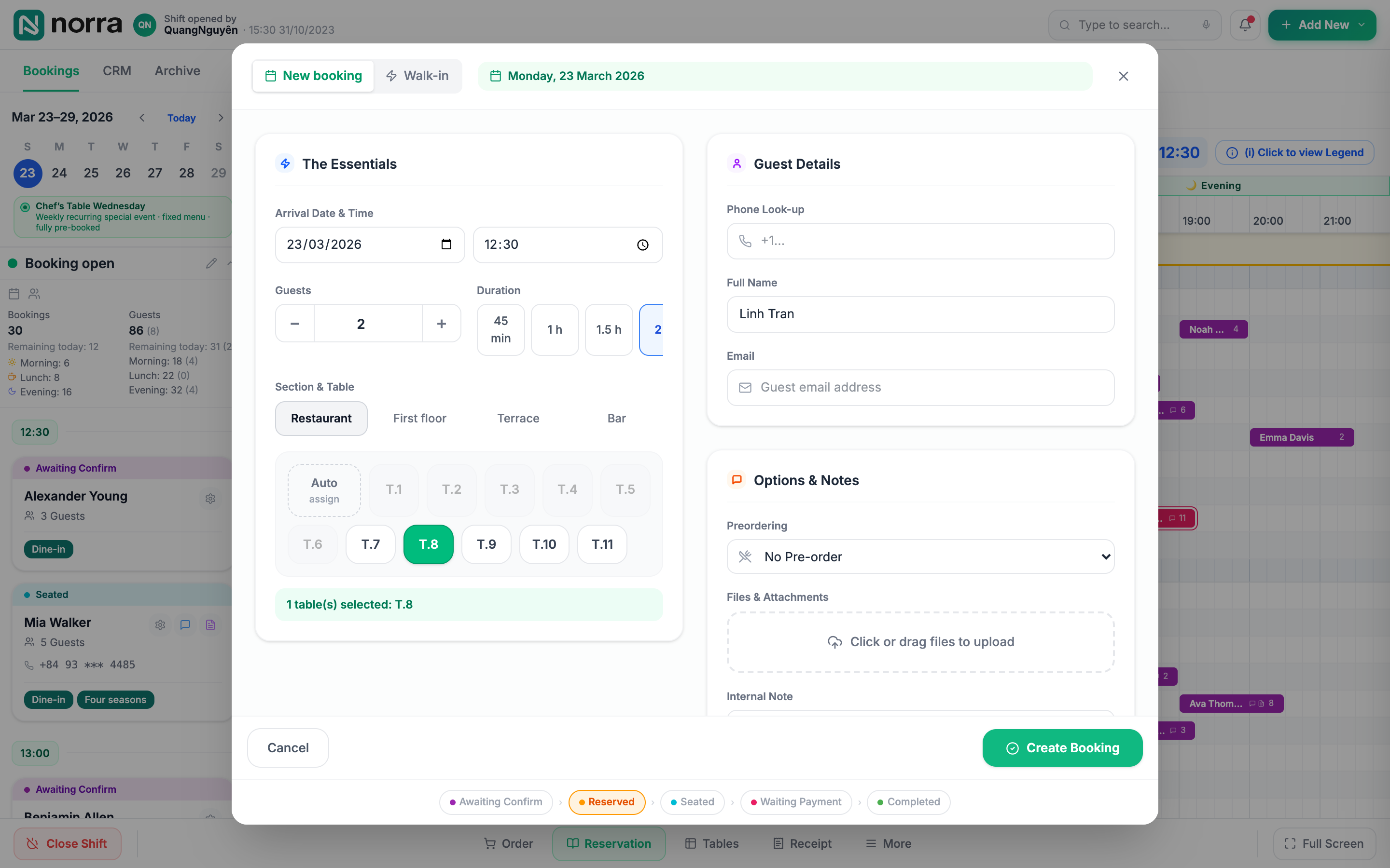 The New booking form open over the timeline: arrival date 23/03/2026 at 12:30, 2 guests, section Restaurant with table T.8 selected, the guest name Linh Tran typed in, a Create Booking button, and a status strip from Awaiting Confirm to Completed along the bottom.