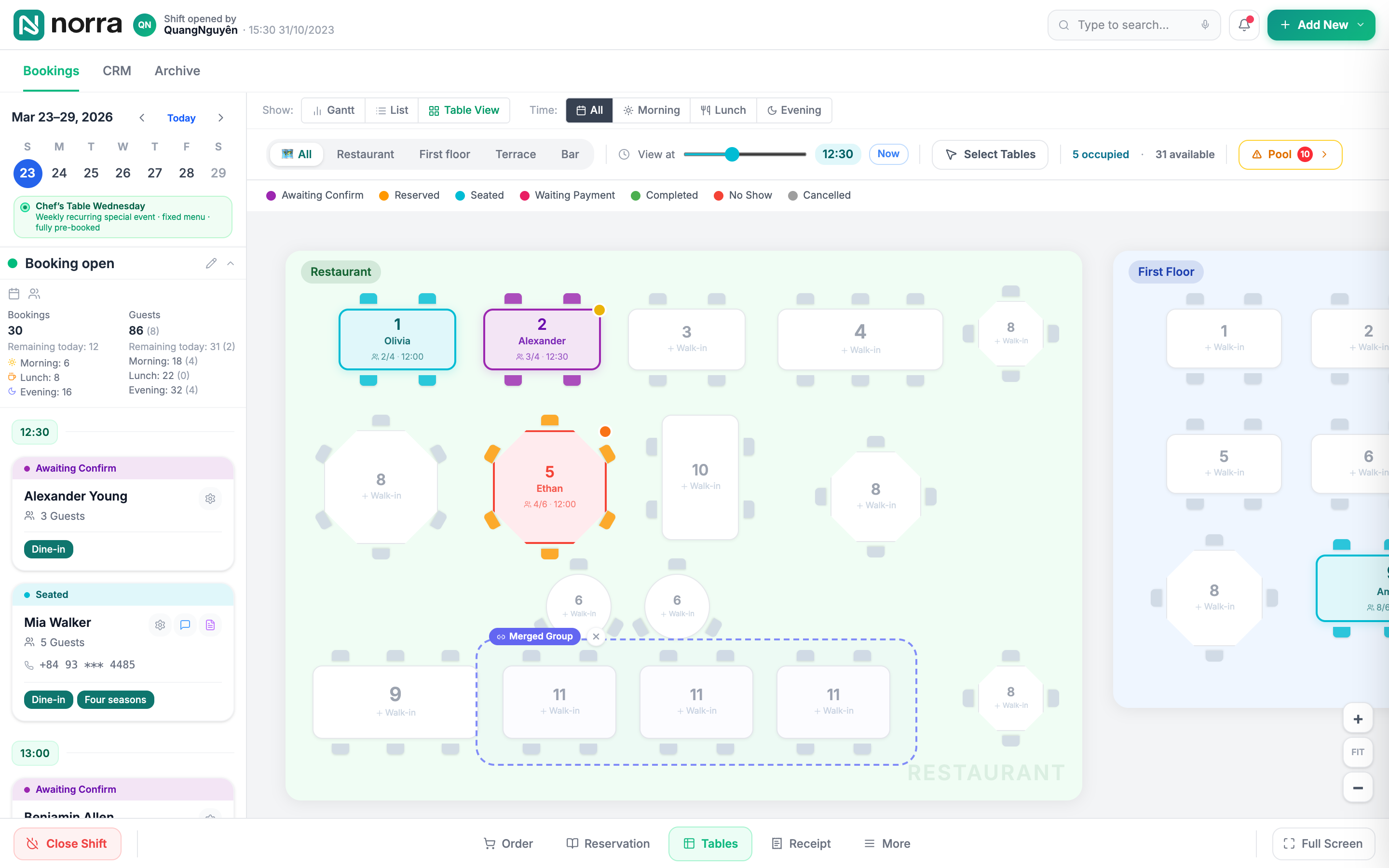 The Table View floor plan for the Restaurant and First Floor sections. Tables are drawn as shapes with their numbers; occupied tables are coloured by booking status, such as table 1 for Olivia in cyan and table 2 for Alexander in purple, and free tables read + Walk-in. A legend lists the seven statuses and a View at 12:30 time slider sits above the plan.